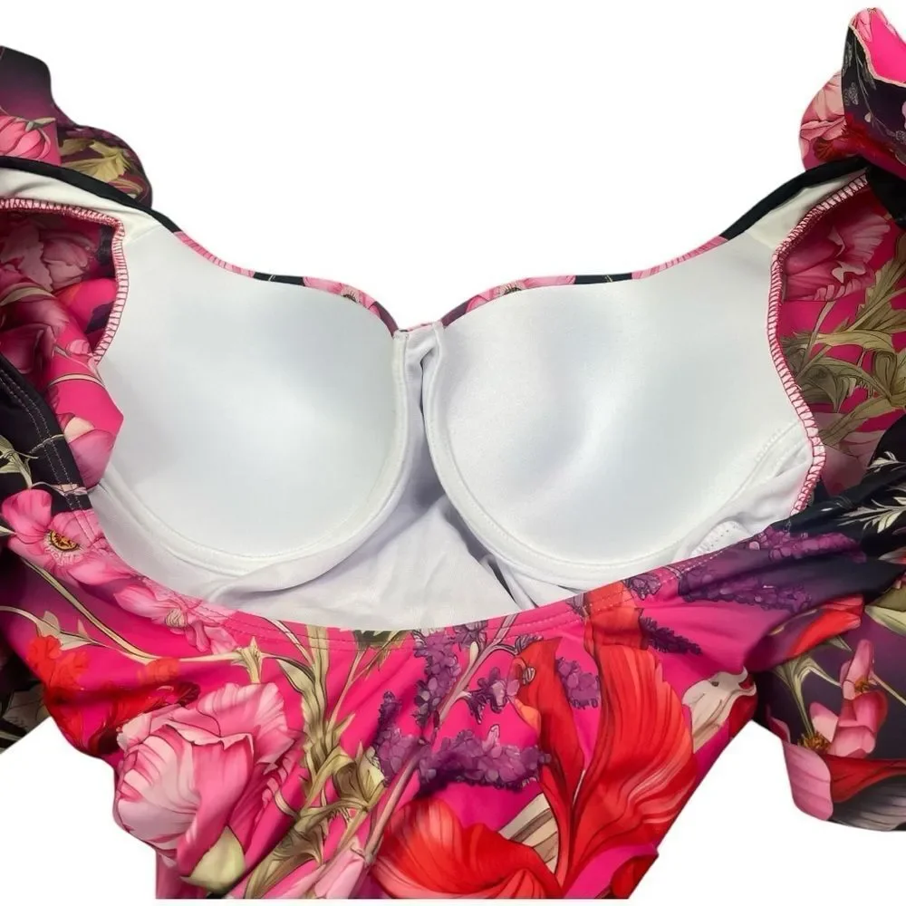 Floral Ruffle One-Piece Swimsuit - Pink Floral - Picture 11 of 12